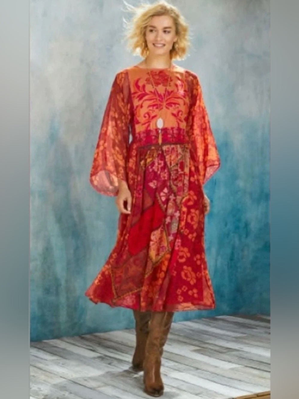Soft Surroundings Cavatina Fall Smocked Crinkle Chiffon Midi Dress BoHo size XL